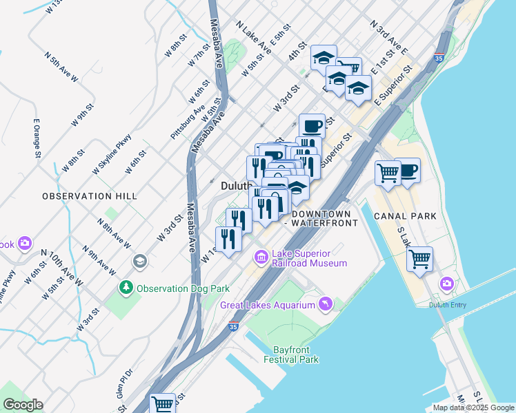 map of restaurants, bars, coffee shops, grocery stores, and more near in Duluth
