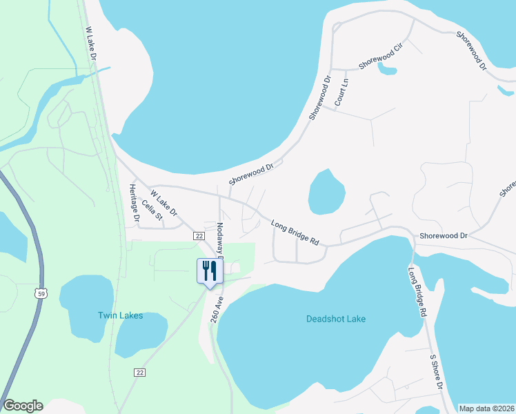 map of restaurants, bars, coffee shops, grocery stores, and more near 1776 Long Bridge Road in Detroit Lakes