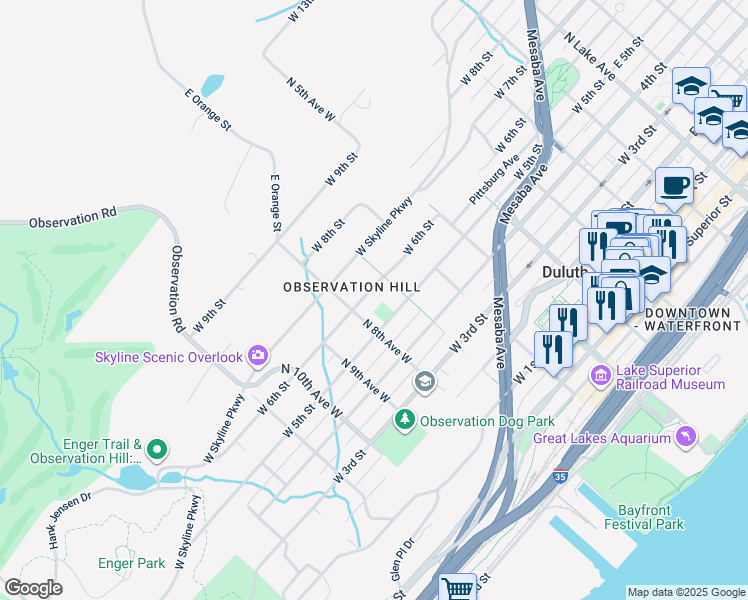 map of restaurants, bars, coffee shops, grocery stores, and more near 718 West 6th Street in Duluth