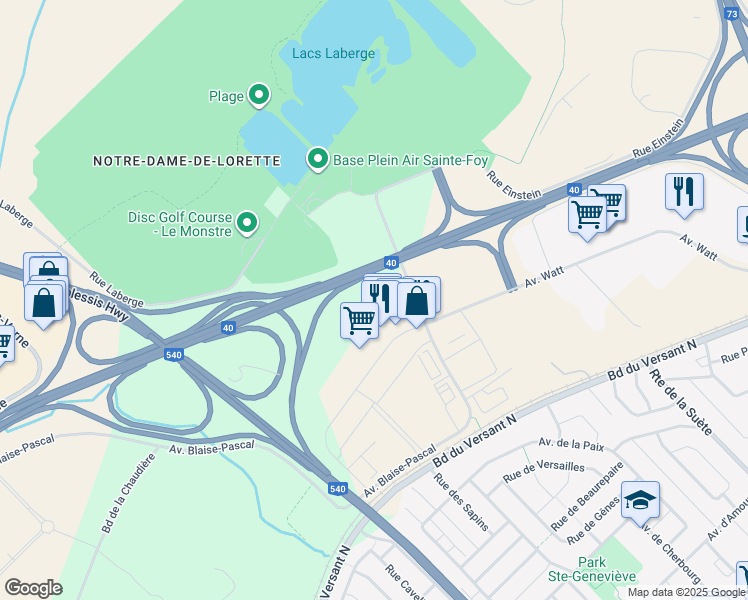 map of restaurants, bars, coffee shops, grocery stores, and more near 3220 Rue Watt in Quebec
