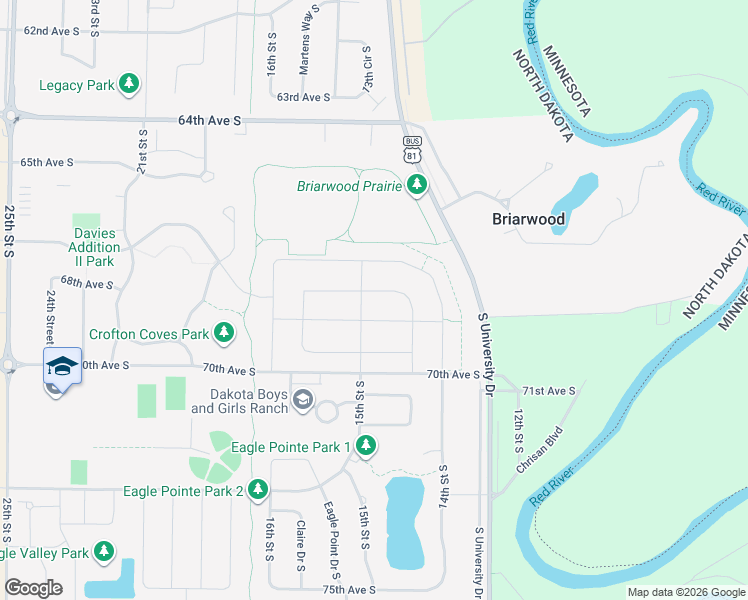 map of restaurants, bars, coffee shops, grocery stores, and more near 6811 University Drive South in Fargo