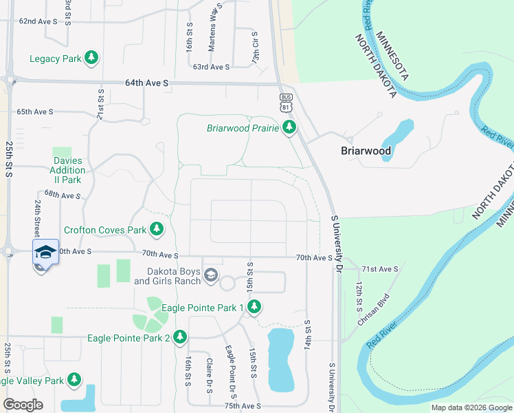 map of restaurants, bars, coffee shops, grocery stores, and more near 6811 University Drive South in Fargo