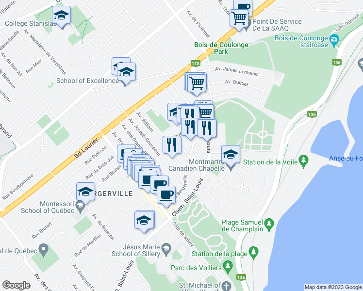 map of restaurants, bars, coffee shops, grocery stores, and more near 1280 Avenue Charles in Québec