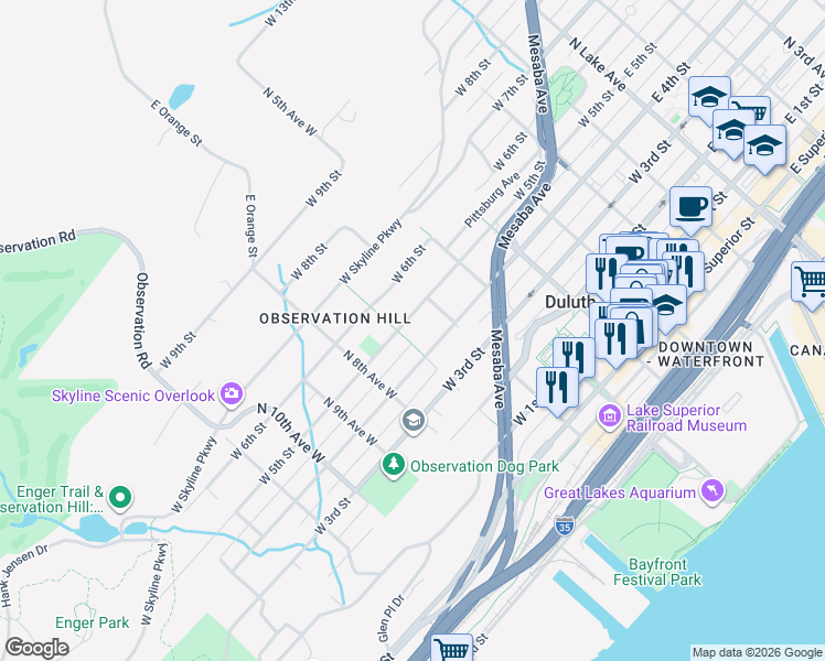 map of restaurants, bars, coffee shops, grocery stores, and more near 628 West 5th Street in Duluth