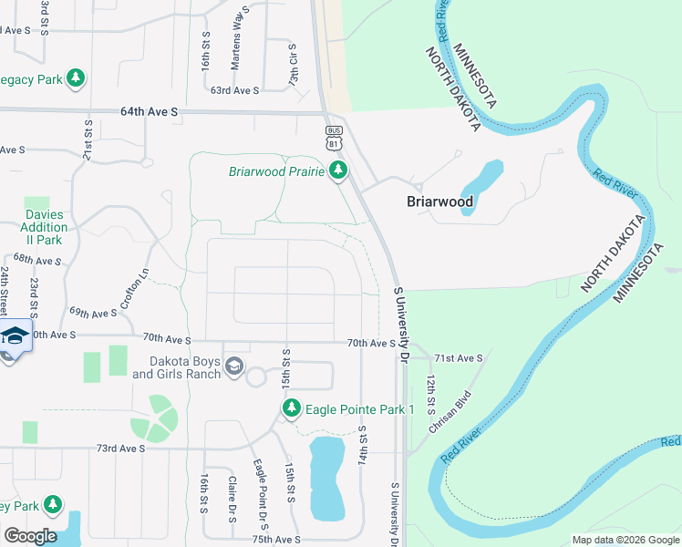 map of restaurants, bars, coffee shops, grocery stores, and more near 6875 South University Drive in Fargo
