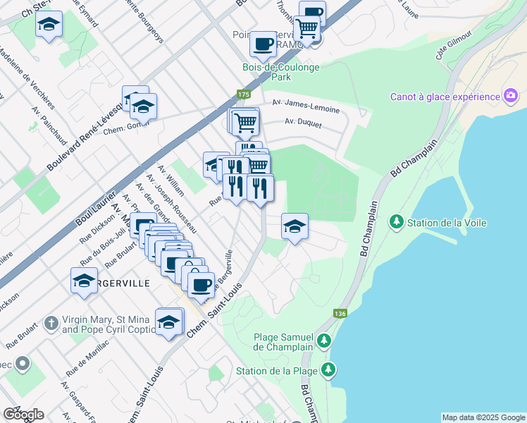 map of restaurants, bars, coffee shops, grocery stores, and more near Chemin Saint-Louis in Ville de Québec