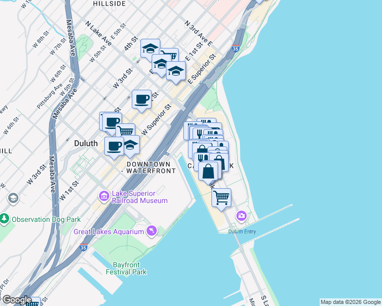 map of restaurants, bars, coffee shops, grocery stores, and more near 325 South Lake Avenue in Duluth