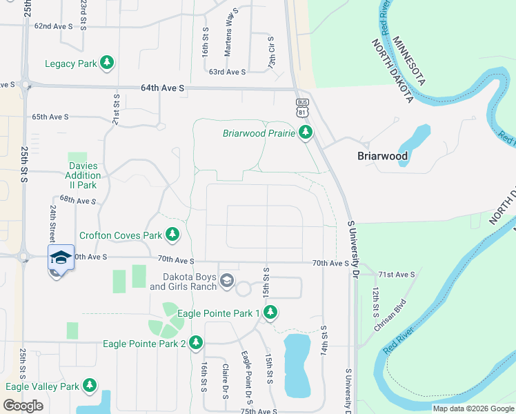 map of restaurants, bars, coffee shops, grocery stores, and more near 6811 South University Drive in Fargo