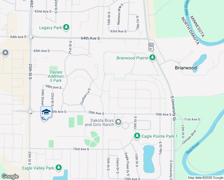 map of restaurants, bars, coffee shops, grocery stores, and more near 6875 University Drive South in Fargo