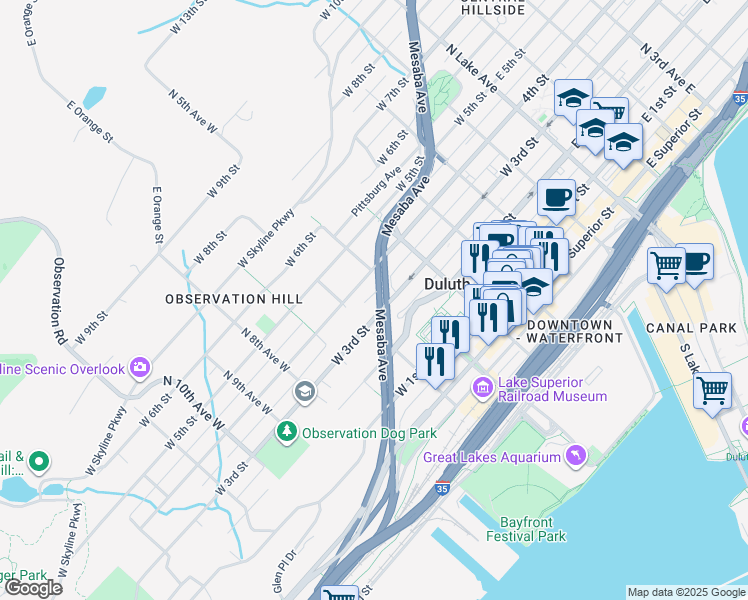 map of restaurants, bars, coffee shops, grocery stores, and more near 529 West 3rd Street in Duluth