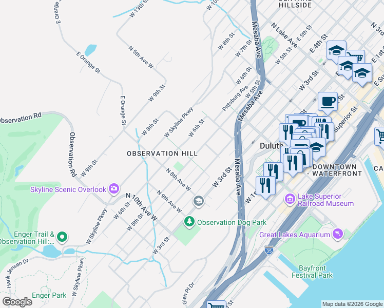 map of restaurants, bars, coffee shops, grocery stores, and more near 628 West 5th Street in Duluth