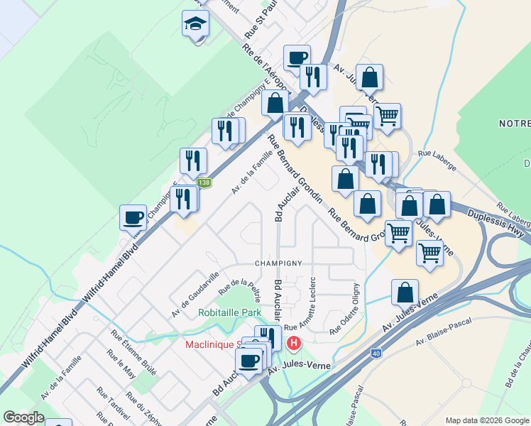 map of restaurants, bars, coffee shops, grocery stores, and more near 1536 Rue Jacques Bureau in Québec