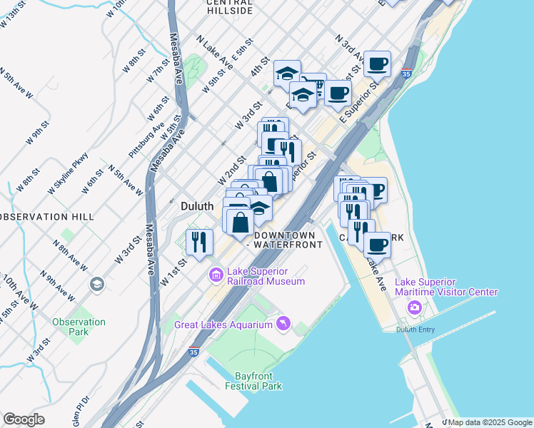 map of restaurants, bars, coffee shops, grocery stores, and more near 302 West Michigan Street in Duluth