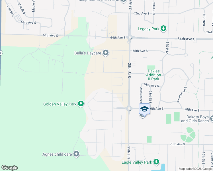 map of restaurants, bars, coffee shops, grocery stores, and more near 2715 Golden Lane South in Fargo