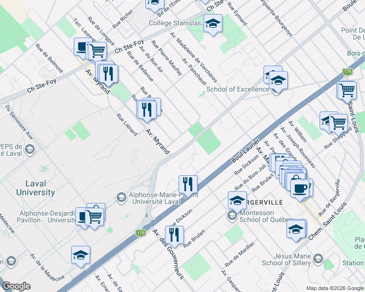 map of restaurants, bars, coffee shops, grocery stores, and more near 2096 Boulevard René-Lévesque Ouest in Québec
