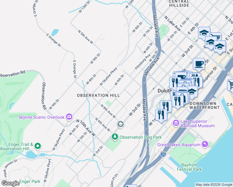 map of restaurants, bars, coffee shops, grocery stores, and more near 628 West 5th Street in Duluth