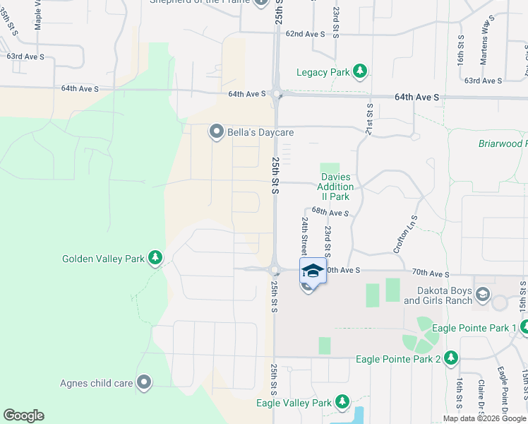 map of restaurants, bars, coffee shops, grocery stores, and more near 2480 67th Avenue South in Fargo