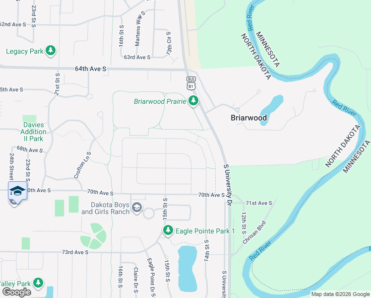 map of restaurants, bars, coffee shops, grocery stores, and more near 6811 South University Drive in Fargo
