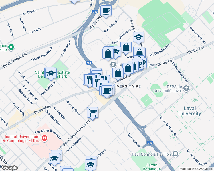 map of restaurants, bars, coffee shops, grocery stores, and more near Chemin Sainte-Foy in Québec
