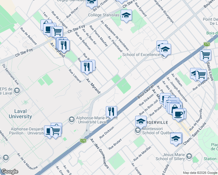 map of restaurants, bars, coffee shops, grocery stores, and more near 2096 Boulevard René-Lévesque Ouest in Québec