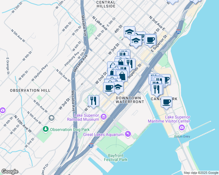 map of restaurants, bars, coffee shops, grocery stores, and more near 302 West 1st Street in Duluth