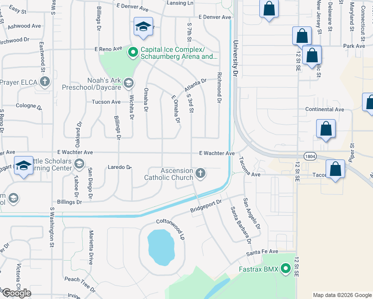 map of restaurants, bars, coffee shops, grocery stores, and more near 1725 East Omaha Drive in Bismarck