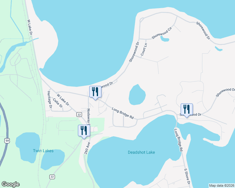 map of restaurants, bars, coffee shops, grocery stores, and more near 156 Shorewood Drive in Detroit Lakes