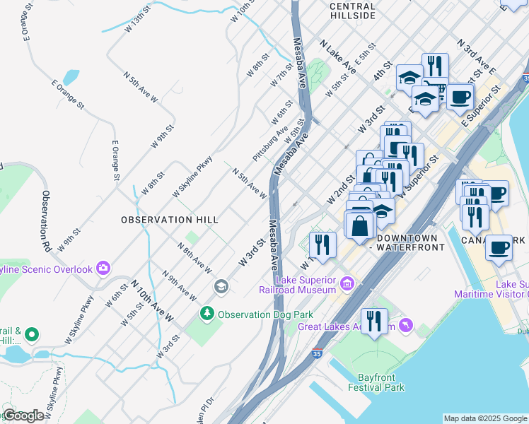 map of restaurants, bars, coffee shops, grocery stores, and more near 3 Mesaba Place in Duluth