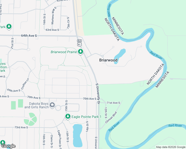 map of restaurants, bars, coffee shops, grocery stores, and more near 6875 South University Drive in Fargo