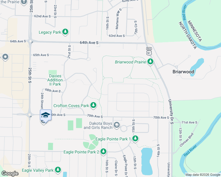 map of restaurants, bars, coffee shops, grocery stores, and more near 6682 Crofton Lane South in Fargo