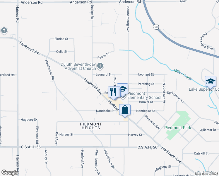 map of restaurants, bars, coffee shops, grocery stores, and more near 3111 Church Place in Duluth