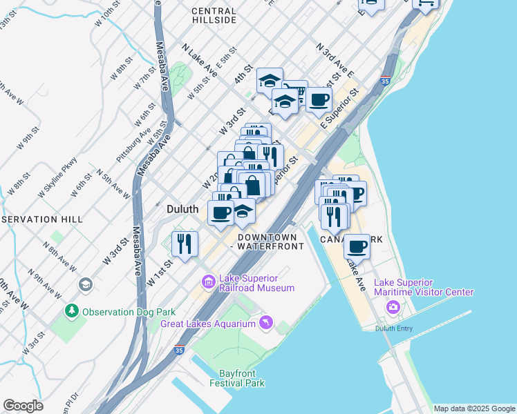 map of restaurants, bars, coffee shops, grocery stores, and more near 200 West Superior Street in Duluth