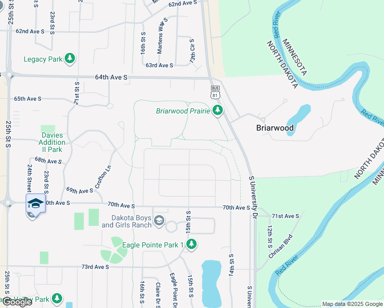 map of restaurants, bars, coffee shops, grocery stores, and more near 6469 South University Drive in Fargo