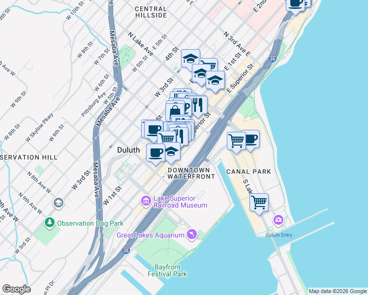 map of restaurants, bars, coffee shops, grocery stores, and more near 130 West Superior Street in Duluth