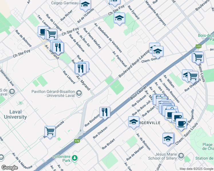 map of restaurants, bars, coffee shops, grocery stores, and more near 2080 Boulevard René Lévesque Ouest in Quebec City