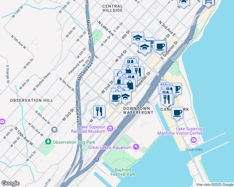 map of restaurants, bars, coffee shops, grocery stores, and more near 302 West 1st Street in Duluth