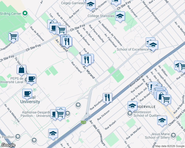 map of restaurants, bars, coffee shops, grocery stores, and more near 995 Avenue Myrand in Ville de Québec