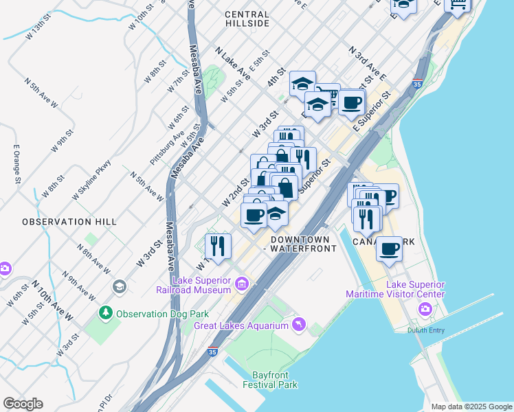 map of restaurants, bars, coffee shops, grocery stores, and more near 227 West 1st Street in Duluth