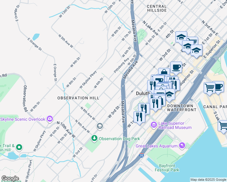 map of restaurants, bars, coffee shops, grocery stores, and more near in Duluth
