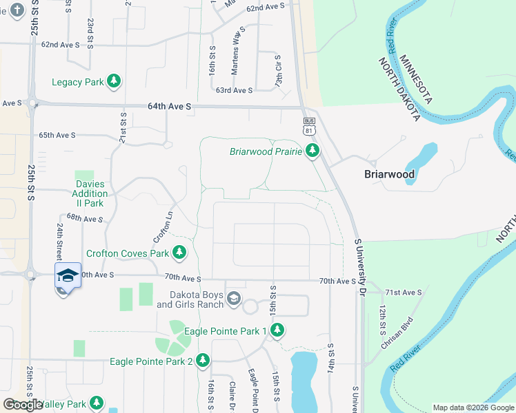 map of restaurants, bars, coffee shops, grocery stores, and more near 6469 South University Drive in Fargo