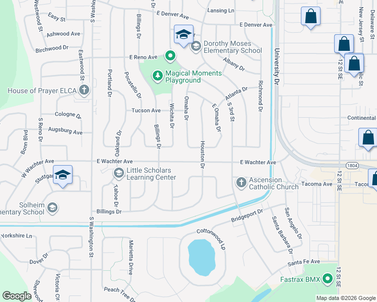 map of restaurants, bars, coffee shops, grocery stores, and more near 1708 Omaha Drive in Bismarck