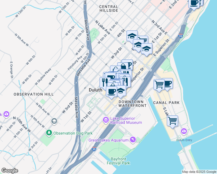 map of restaurants, bars, coffee shops, grocery stores, and more near 301 West 1st Street in Duluth