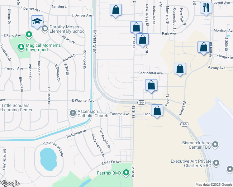 map of restaurants, bars, coffee shops, grocery stores, and more near 1100 Basin Avenue in Bismarck