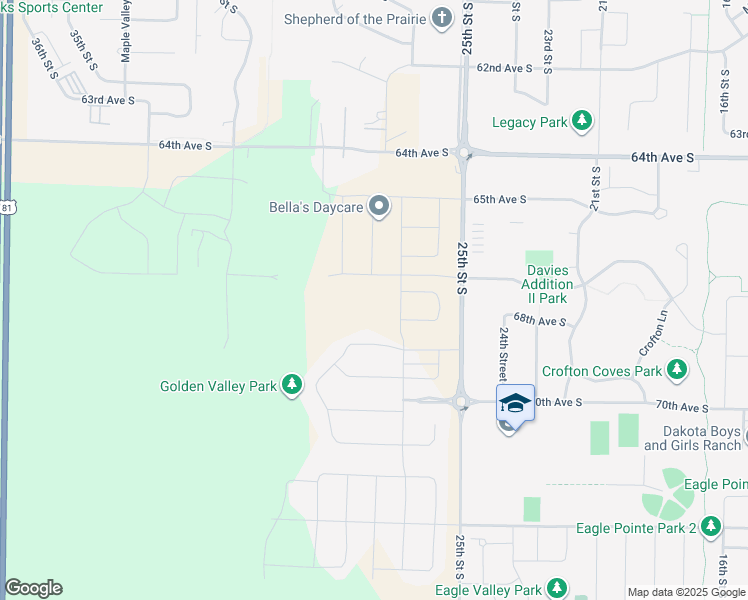 map of restaurants, bars, coffee shops, grocery stores, and more near 6737 25th Street South in Fargo