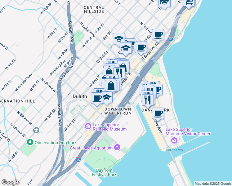map of restaurants, bars, coffee shops, grocery stores, and more near 130 West Superior Street in Duluth
