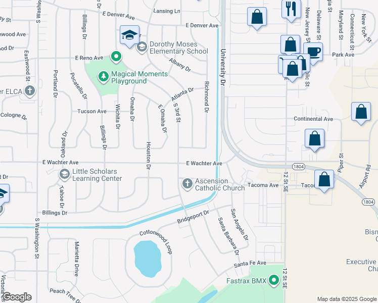 map of restaurants, bars, coffee shops, grocery stores, and more near 1679 Richmond Drive in Bismarck