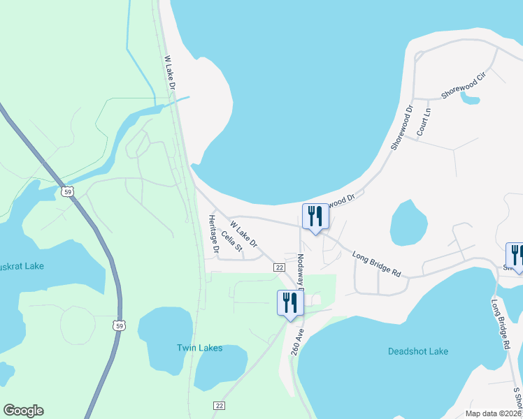 map of restaurants, bars, coffee shops, grocery stores, and more near 1640 Long Bridge Road in Detroit Lakes