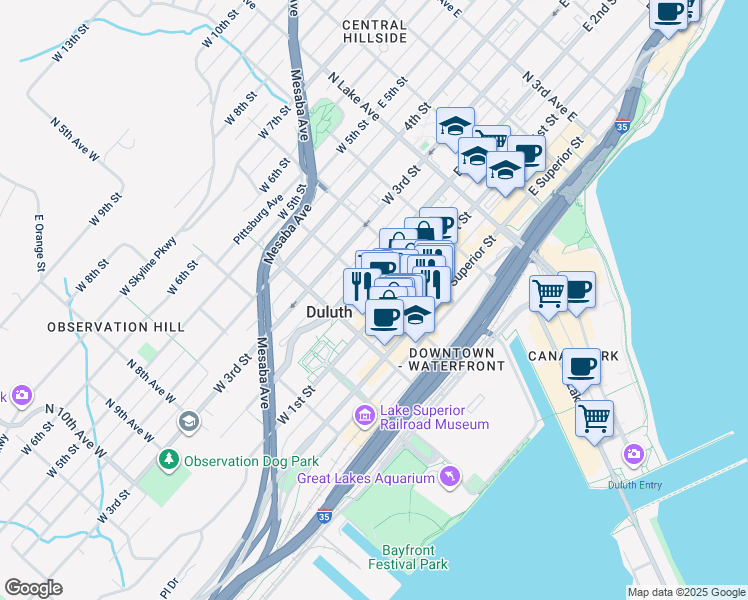 map of restaurants, bars, coffee shops, grocery stores, and more near 227 West 1st Street in Duluth