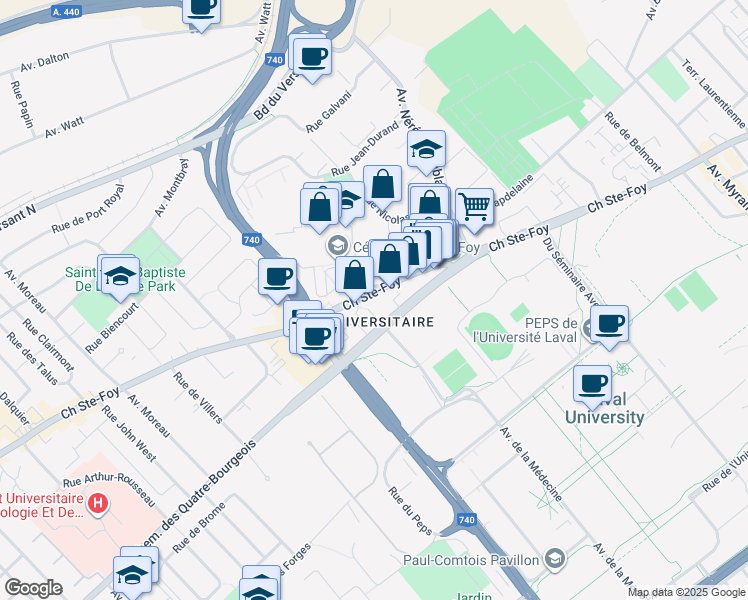 map of restaurants, bars, coffee shops, grocery stores, and more near 2415 Chemin Sainte-Foy in Québec
