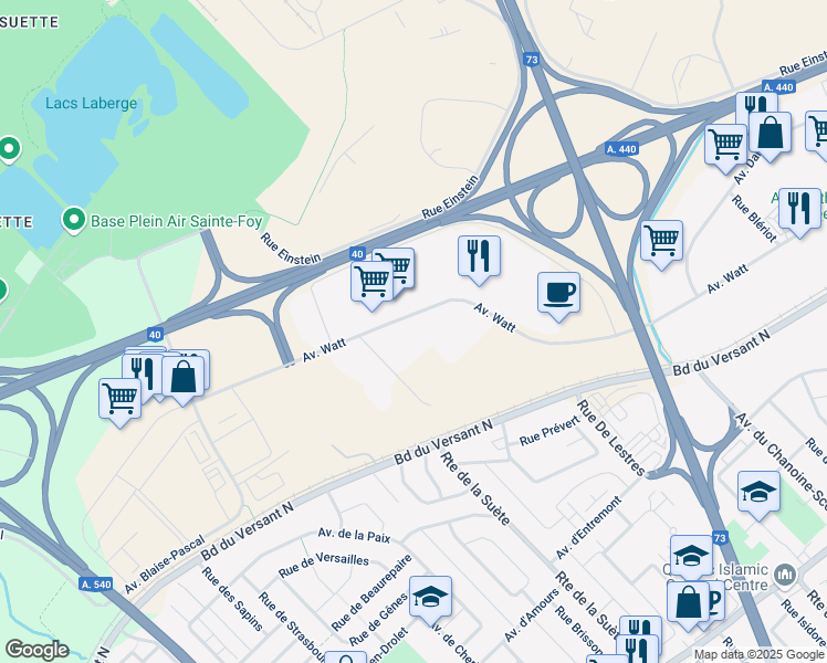 map of restaurants, bars, coffee shops, grocery stores, and more near 2991 Avenue Watt in Québec
